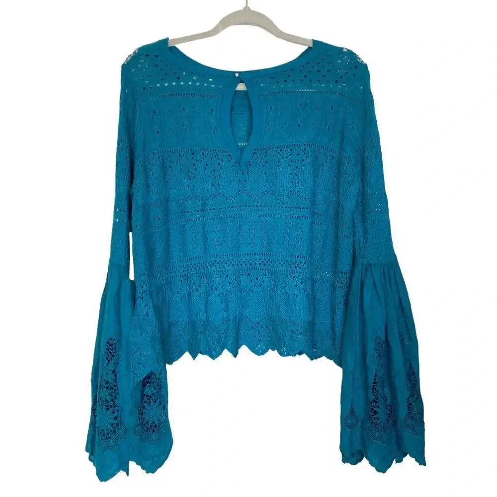 FREE PEOPLE Once Upon A Time Blouse Dark Turquoise Size Small Bell Sleeves